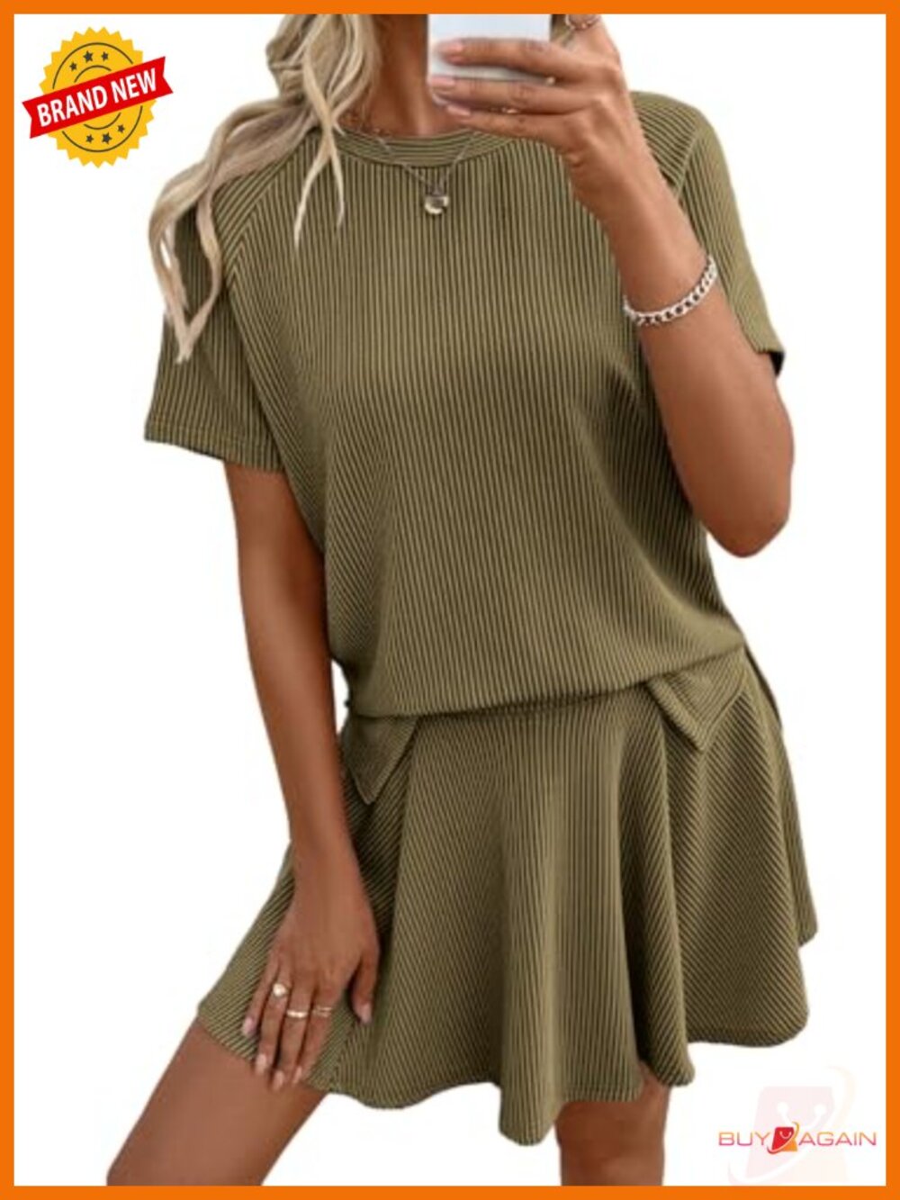 Women's Ribbed Knit 2-Piece Skort Set Short Sleeve Top Lined Pleated Mini Skirt